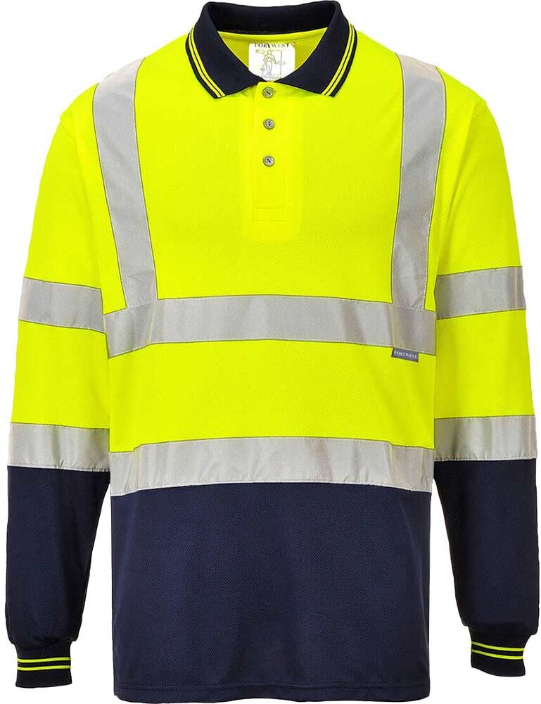 Portwest Mens Hi Vis Contrast Polo Long Sleeve Shirt Yellow / Navy 4XL