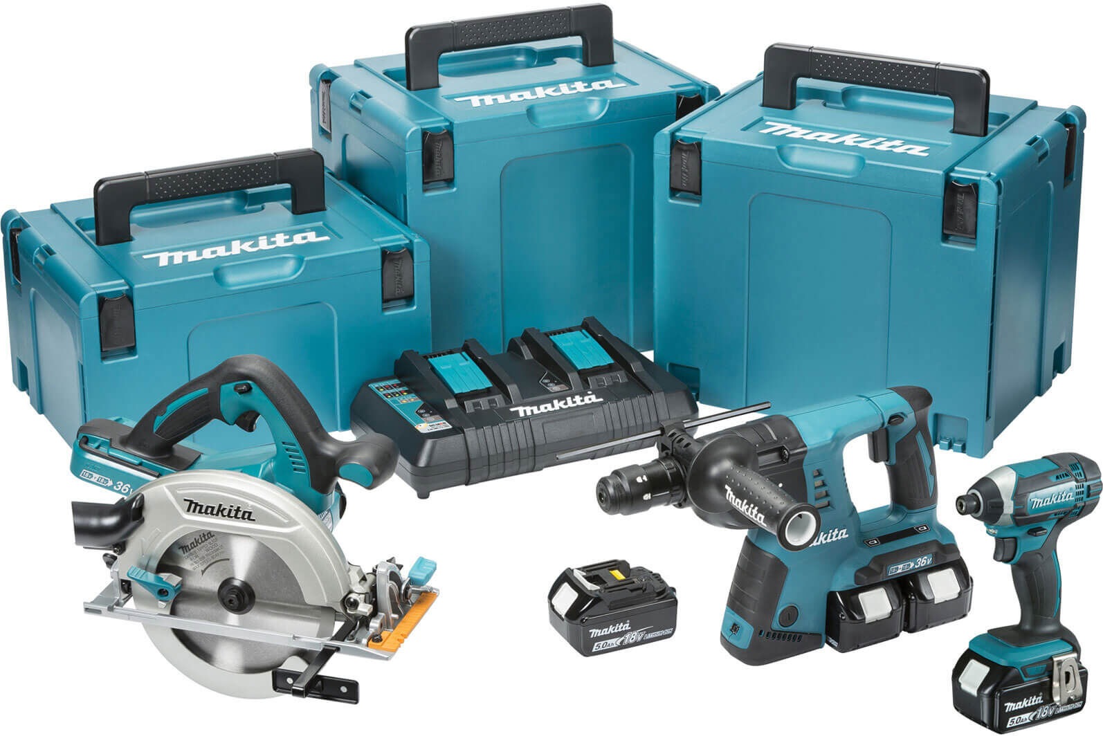 Makita DLX3049PTJ 18v LXT Cordless 3 Piece Power Tool Kit 4 x 5ah Li-ion Twin Battery Charger Case