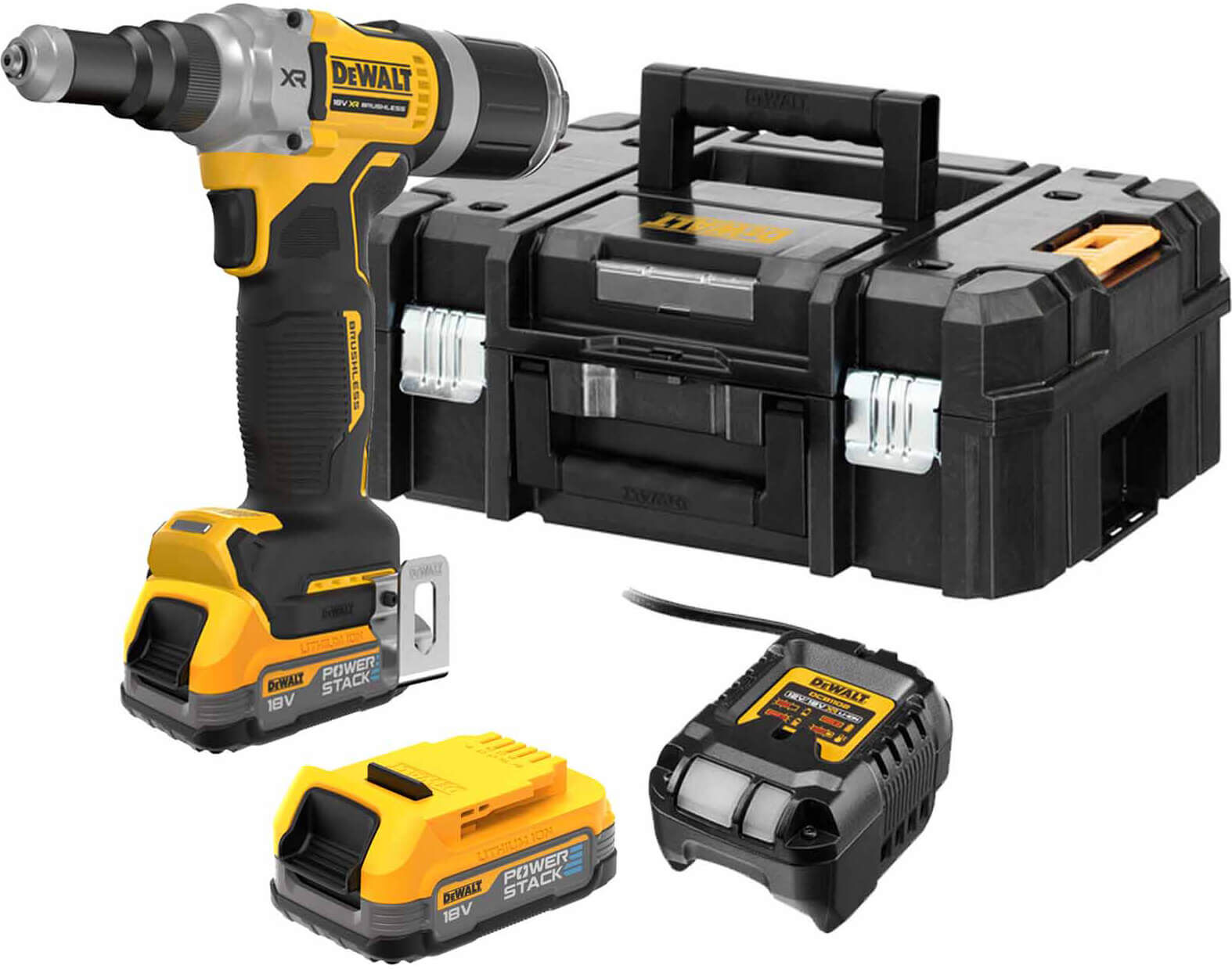 DeWalt DCF414 18v XR Cordless Brushless Riveter Gun 2 x 1.7ah Li-ion Powerstack Charger Case