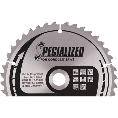 Makita B-20694 TCT 190x20mm Saw Blade - 40 Teeth Makita B-20694 TCT 190x20mm Saw Blade - 40 Teeth