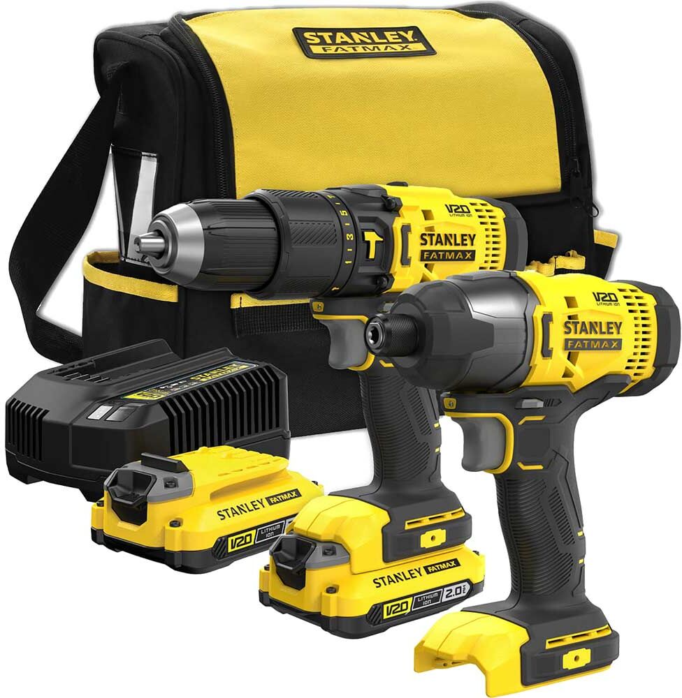 Stanley Fatmax V20 SFMCK465D2S 18v Cordless Combi Drill and Impact Driver Power Tool Kit 2 x 2ah Li-ion Battery Charger Bag