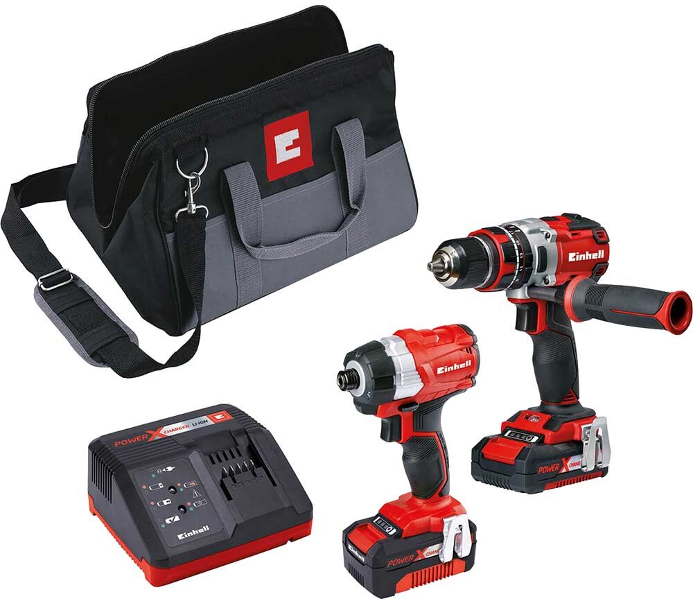 Einhell 18v Cordless Brushless Combi Drill and Impact Driver Kit 1 x 2ah & 1 x4ah Li-ion Battery Charger Bag
