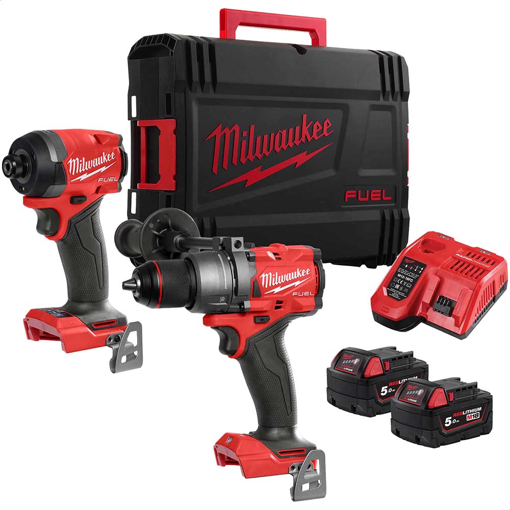Milwaukee M18 FPP2A3 Fuel 18v Cordless Brushless Combi Drill and Impact Driver Kit 2 x 5ah Li-ion Battery Charger Case