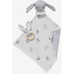 VERTBAUDET Square Baby Comforter, Jouy Story in Organic Cotton• with Wooden Ring Rattle light grey