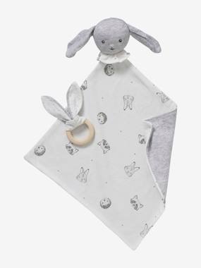 VERTBAUDET Square Baby Comforter, Jouy Story in Organic Cotton• with Wooden Ring Rattle light grey