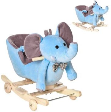 Homcom 2 In 1 Plush Baby Ride On Rocking Horse Elephant Rocker With Wheels Wooden Toy For Kids 32 Songs (Blue)