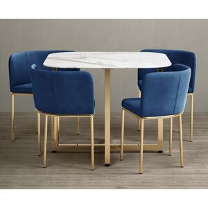 Oak Furniture Superstore Rhodes White Marble Gold Leg Stowaway Dining Table with Blue Velvet Gold Leg High Back Stools