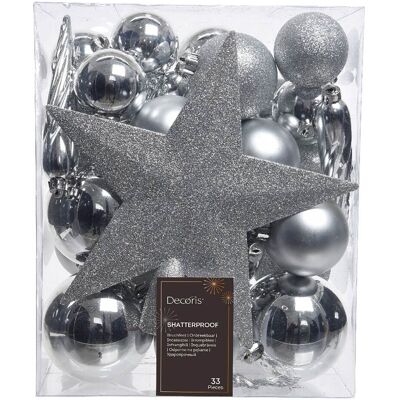 Decoris 33-Piece Silver Christmas Ball Set with Star Topper Decoris 33-Piece Silver Christmas Ball Set with Star Topper