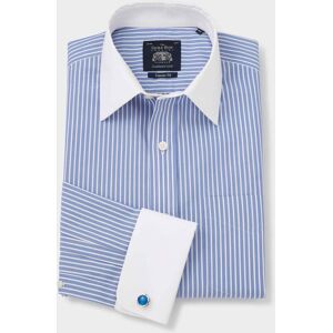 Savile Row Company Blue White Stripe Classic Fit Non-Iron Shirt With White Collar & Cuffs - Double Cuff 20