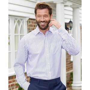 Savile Row Company White Navy Stripe Classic Fit Non-Iron Shirt - Single Cuff 16
