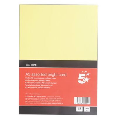 5 Star A3 Bright Assorted Card 160gsm Pack of 25 FS680124 5 Star A3 Bright Assorted Card 160gsm Pack of 25 FS680124