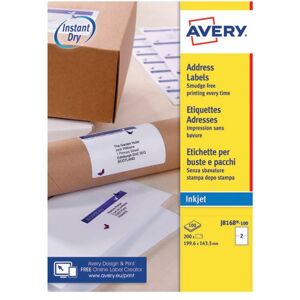 Avery Inkj Label 199.6x143.5mm 2 Per Sheet Wht (Pack of 200) J8168-100