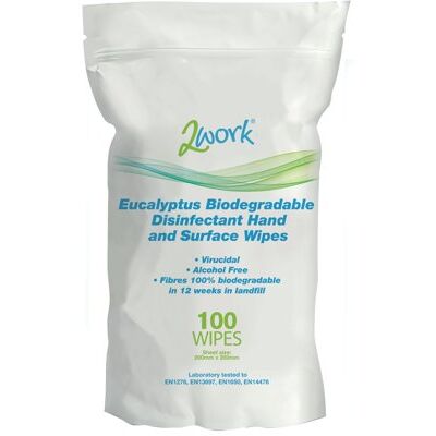 2Work Biodegradable Eucalyptus Hand/Surface Disinfectant Wipes (Pack of 100) 2W09161 2Work Biodegradable Eucalyptus Hand/Surface Disinfectant Wipes (Pack of 100) 2W09161