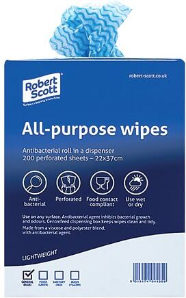 Robert Scott Cloths On A Roll All-purpose Wipes Antibacterial Dispenser Box 220x370mm Blue (Pack of 200) 100247BU