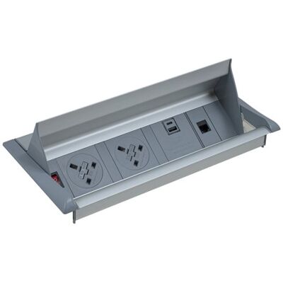 Power Module In-Table Flip Top 312x150x13-63mm Silver/Grey UK sockets, 1 x RJ45 socket, 1 x twin USB fast charge Aero APD2PINF/1S/1D/1T-K Power Module In-Table Flip Top 312x150x13-63mm Silver/Grey UK sockets, 1 x RJ45 socket, 1 x twin USB fast charge Aero APD2PINF/1S/1D/1T-K