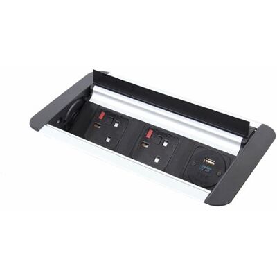 Eclipse in-table rollover power module 2 x UK sockets, 1 x TUF (A&C connectors) USB charger - black/silver Eclipse in-table rollover power module 2 x UK sockets, 1 x TUF (A&C connectors) USB charger - black/silver