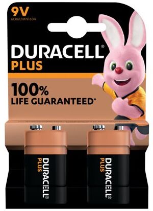 Duracell Plus 9V Battery Alkaline 100% Life (Pack of 2) 5011416