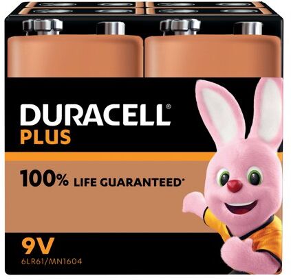 Duracell Plus 9V Battery Alkaline 100% Life (Pack of 4) 5009826