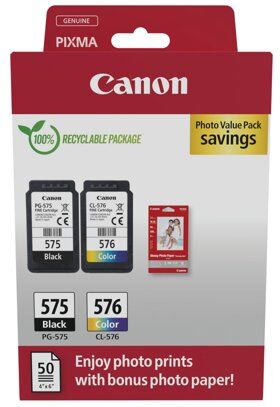 Canon PG-575/CL-576 Ink Cartridges K/CMY + 4 x 6 in Photo Paper Value Pack 5438C004