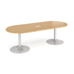 Dams Trumpet base radial end boardroom table 2400mm x 1000mm with central cutout 272mm x 132mm - silver base, oak top (Made-to-order 4 - 6 week lead time)
