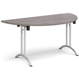 Dams Semi circular folding leg table with silver legs and curved foot rails 1600mm x 800mm - grey oak