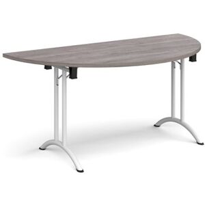 Dams Semi circular folding leg table with white legs and curved foot rails 1600mm x 800mm - grey oak