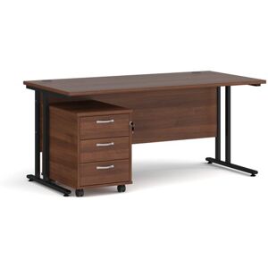 Office Desk Rectangular Desk 1600mm With Pedestal Walnut Top With Black Frame 800mm Depth Maestro 25 SBK316W