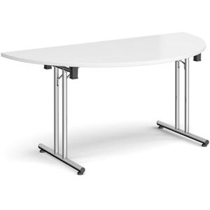 Dams Semi circular folding leg table with chrome legs and straight foot rails 1600mm x 800mm - white