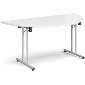Dams Semi circular folding leg table with silver legs and straight foot rails 1600mm x 800mm - white