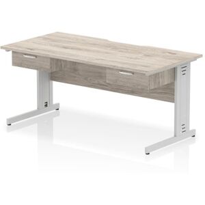 Impulse Bundles Impulse 1600 x 800mm Scalloped Edge Straight Office Desk Grey Oak Top Silver Cable Managed Leg Workstation 2 x 1 Drawer Fixed Pedestal