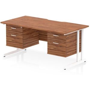 Impulse Bundles Impulse 1600 x 800mm Scalloped Edge Straight Office Desk Walnut Top White Cantilever Leg Workstation 2 x 2 Drawer Fixed Pedestal