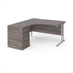 Office Desk Left Hand Corner Desk 1400mm With Pedestal Grey Oak Top With Silver Cantilever Frame Maestro 25 EBS14LGO Office Desk Left Hand Corner Desk 1400mm With Pedestal Grey Oak Top With Silver Cantilever Frame Maestro 25 EBS14LGO