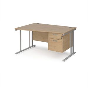 Maestro 25 left hand wave desk 1400mm wide with 2 drawer pedestal - silver cantilever leg frame, Kendal oak top Maestro 25 left hand wave desk 1400mm wide with 2 drawer pedestal - silver cantilever leg frame, Kendal oak top