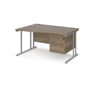 Maestro 25 left hand wave desk 1400mm wide with 2 drawer pedestal - silver cantilever leg frame, Nebraska oak top Maestro 25 left hand wave desk 1400mm wide with 2 drawer pedestal - silver cantilever leg frame, Nebraska oak top