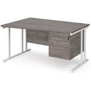 Maestro 25 left hand wave desk 1400mm wide with 2 drawer pedestal - white cantilever leg frame, grey oak top Maestro 25 left hand wave desk 1400mm wide with 2 drawer pedestal - white cantilever leg frame, grey oak top