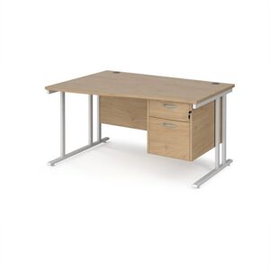 Maestro 25 left hand wave desk 1400mm wide with 2 drawer pedestal - white cantilever leg frame, Kendal oak top Maestro 25 left hand wave desk 1400mm wide with 2 drawer pedestal - white cantilever leg frame, Kendal oak top