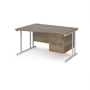 Maestro 25 left hand wave desk 1400mm wide with 2 drawer pedestal - white cantilever leg frame, Nebraska oak top Maestro 25 left hand wave desk 1400mm wide with 2 drawer pedestal - white cantilever leg frame, Nebraska oak top
