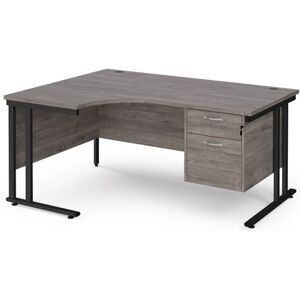 Maestro 25 left hand ergonomic desk 1600mm wide with 2 drawer pedestal - black cantilever leg frame, grey oak top Maestro 25 left hand ergonomic desk 1600mm wide with 2 drawer pedestal - black cantilever leg frame, grey oak top
