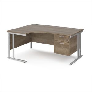 Maestro 25 left hand ergonomic desk 1600mm wide with 2 drawer pedestal - silver cantilever leg frame, Nebraska oak top Maestro 25 left hand ergonomic desk 1600mm wide with 2 drawer pedestal - silver cantilever leg frame, Nebraska oak top
