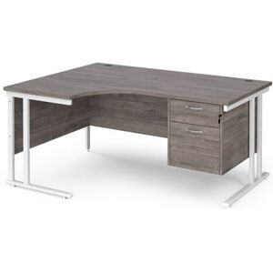 Maestro 25 left hand ergonomic desk 1600mm wide with 2 drawer pedestal - white cantilever leg frame, grey oak top Maestro 25 left hand ergonomic desk 1600mm wide with 2 drawer pedestal - white cantilever leg frame, grey oak top