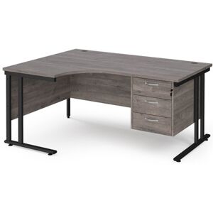 Maestro 25 left hand ergonomic desk 1600mm wide with 3 drawer pedestal - black cantilever leg frame, grey oak top Maestro 25 left hand ergonomic desk 1600mm wide with 3 drawer pedestal - black cantilever leg frame, grey oak top