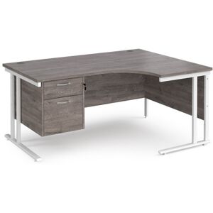 Maestro 25 right hand ergonomic desk 1600mm wide with 2 drawer pedestal - white cantilever leg frame, grey oak top Maestro 25 right hand ergonomic desk 1600mm wide with 2 drawer pedestal - white cantilever leg frame, grey oak top