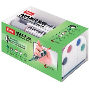 Pentel Maxiflo Whiteboard Marker Assorted 4 Pack with Magnetic Eraser MWL5M/MAG/4-M