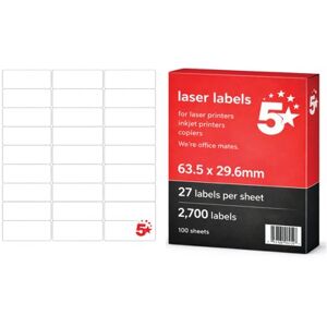 5 Star A4 Mini Sheet Labels 63.5x29.6mm Pack of 2700 FS679600 5 Star A4 Mini Sheet Labels 63.5x29.6mm Pack of 2700 FS679600