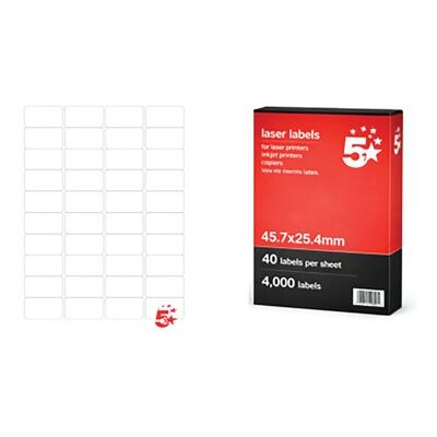 5 Star A4 Sheet Labels 45.7x25.4mm Pack of 4000 FS679681 5 Star A4 Sheet Labels 45.7x25.4mm Pack of 4000 FS679681