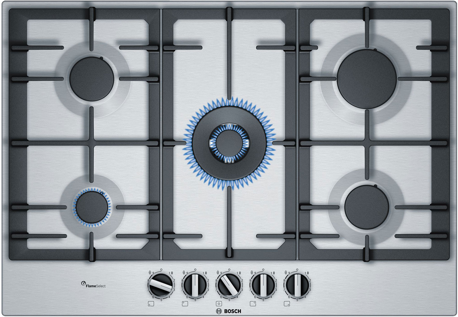 Bosch PCQ7A5B90 Series 6 75cm 5 Burner Gas Hob Brushed Steel Wok Burne