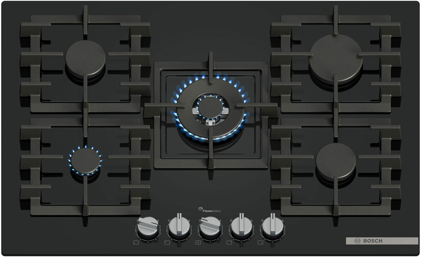 Bosch PPQ7A6I40 Series 6 75cm 5 Burner Gas Hob in Black Glass Wok