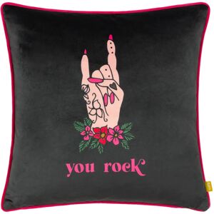 Terrys Fabrics Inked You Rock Piped Velvet 43cm x 43cm Filled Cushion Black Pink