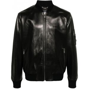 Versace Embroidery Logo Leather Jacket Black - Men - Black