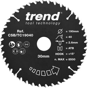 Trend Wood Circular Saw Blade - 190mm Diameter, 30mm Bore, 40 Teeth Trend Wood Circular Saw Blade - 190mm Diameter, 30mm Bore, 40 Teeth